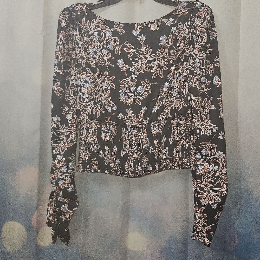 Free People Black Floral Smocked-Waist Midriff Long Sleeve Top